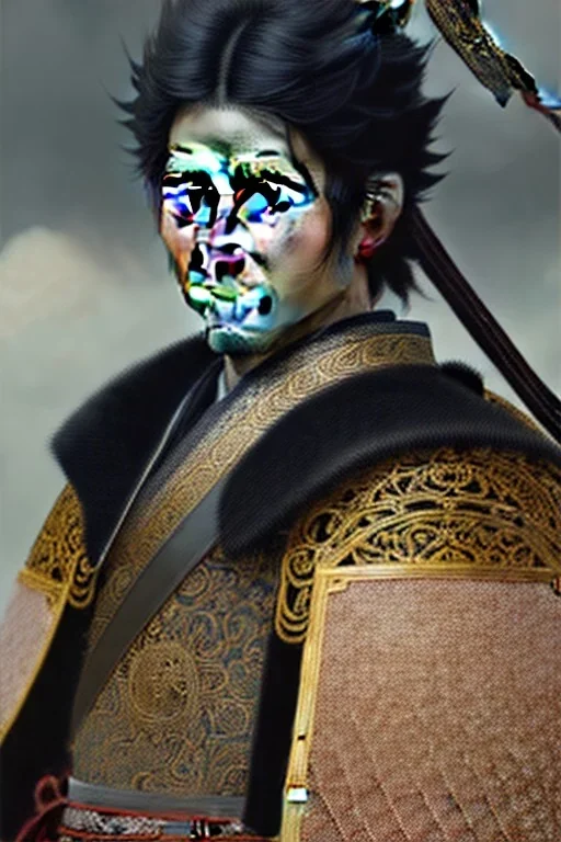 Detailed young samurai man, black hair, black leather armor, intricate details, full body portrait, keep head in frame, black Japanese motif, concept art, highly detailed, digital painting, concept art, sharp focus, illustration, art by Yoji Shinkawa, WLOP and greg rutkowski and alphonse mucha and artgerm and yanjun Chen and Junji ito and Makoto Shinkai, HDR, octane render