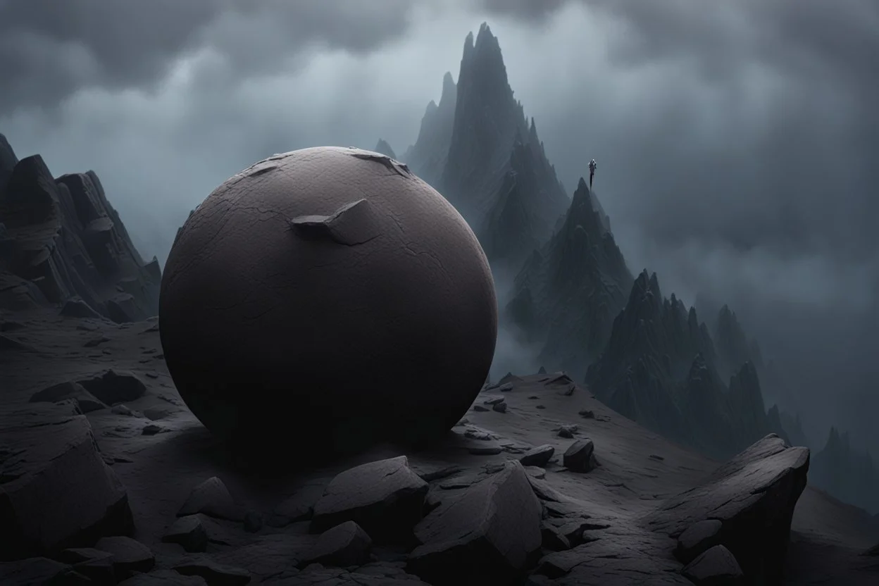a big rocky clay sphere is broken and stuck atop the tip top of a lonely mountain's peak, shrouded in mist. cinematic lighting, artstation, grim mood