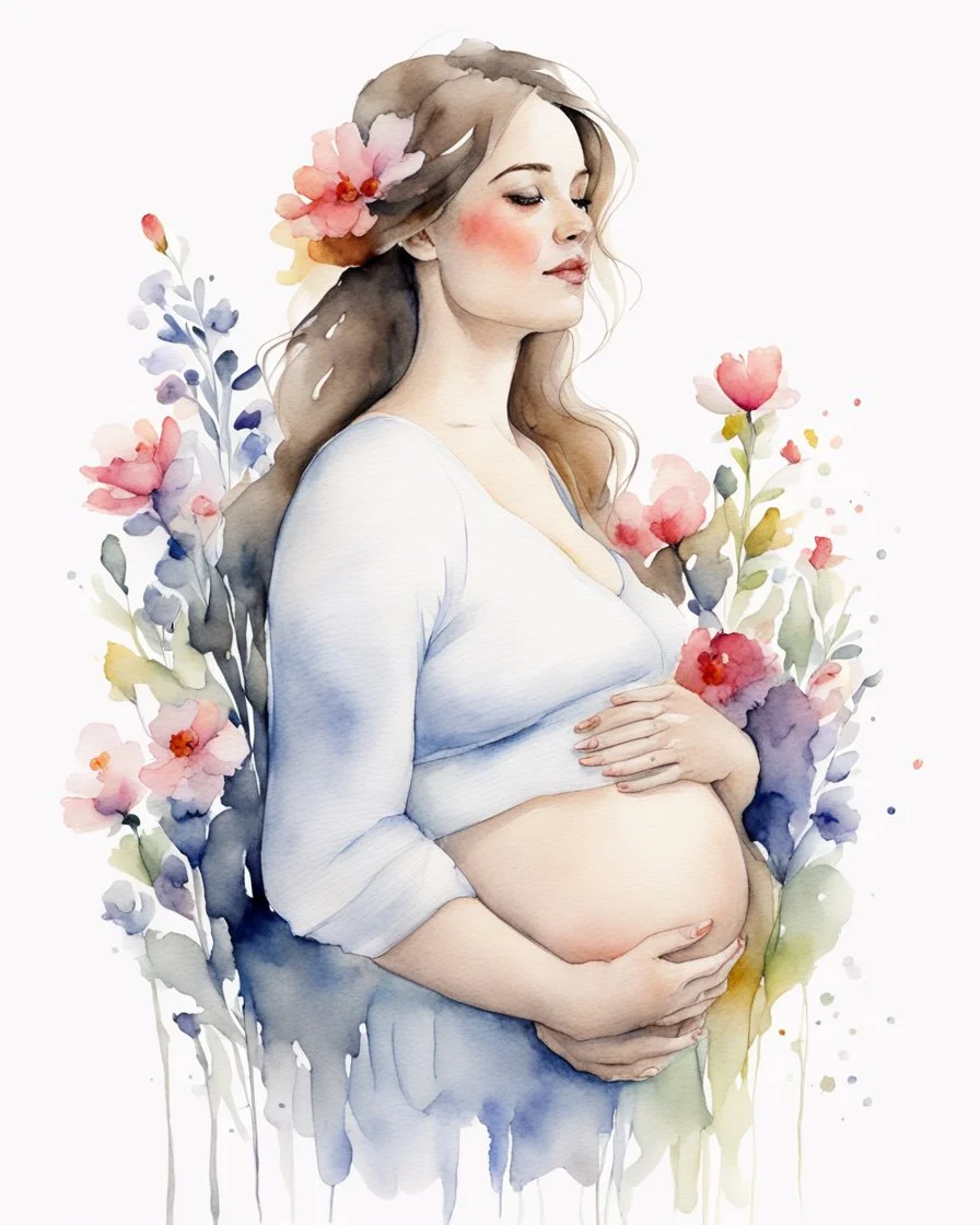 white background, portrait, watercolor, fine drawing, Pregnancy, flowers,