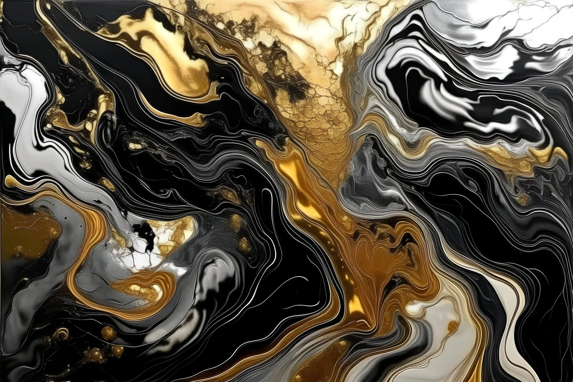 pour cell painting,a pour painting on canvas, gold black silver colors, abstract, thick paint, glossy, resin coated