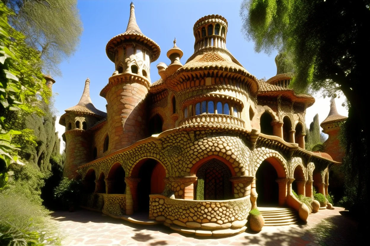 A brown stone palace designed in African pottery painted by Antoni Gaudi