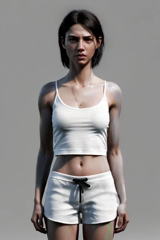 Ultra Realistic image, 25 years old brunette woman, Madrid, portrait, small stature, small chest, yakuza body tattoo, white broken cotton short undershirt, black latex short, vibrant color, highly detailed, art stations, concept art, smooth, unreal engine 5, god rays, ray tracing, RTX, lumen lighting, ultra detail, volumetric lighting.