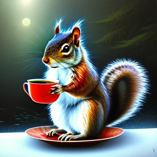 squirrel drinking warm tea amidst hazy twisted magical foliage growing from icy waters