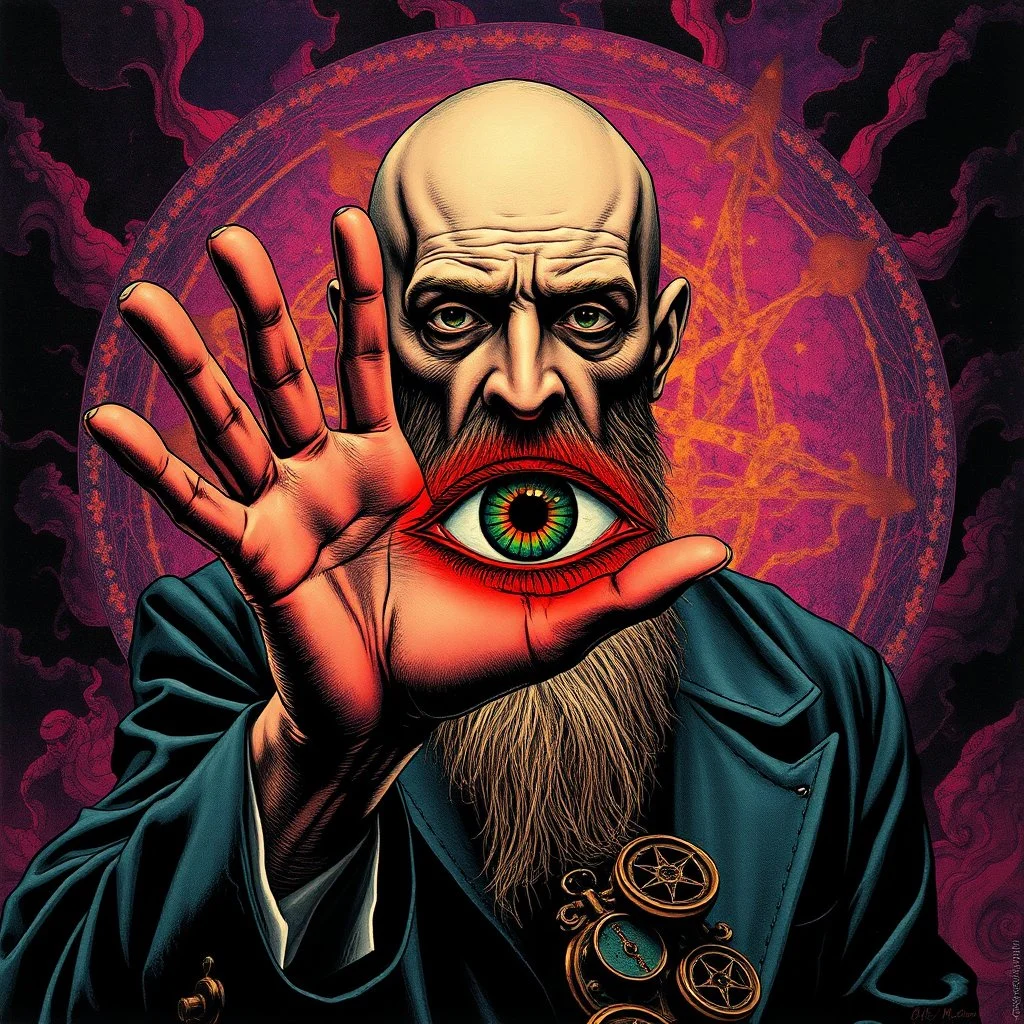 Bald Aleister Crowley holding up hand revealing an eye in his palm, psychedelic illustration, by Dave McKean