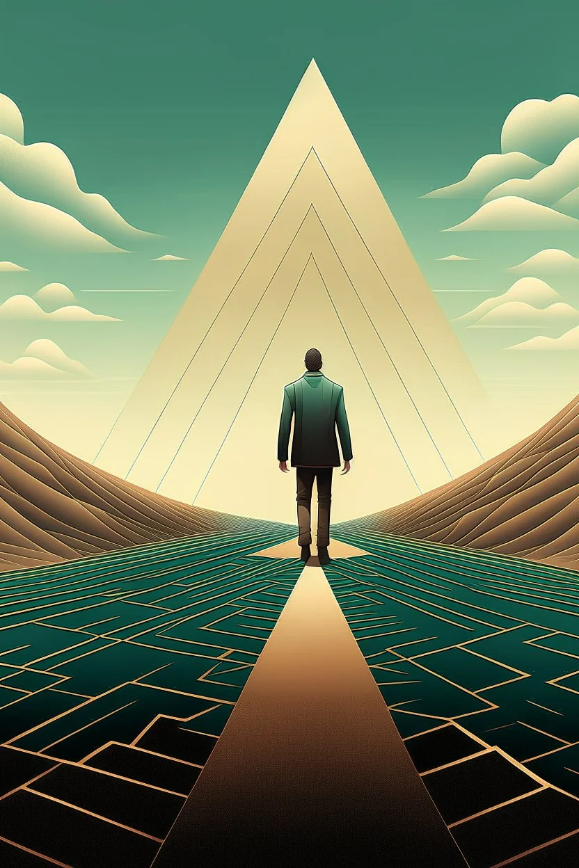 Illustration of man walking on Penrose triangle, surreal concept