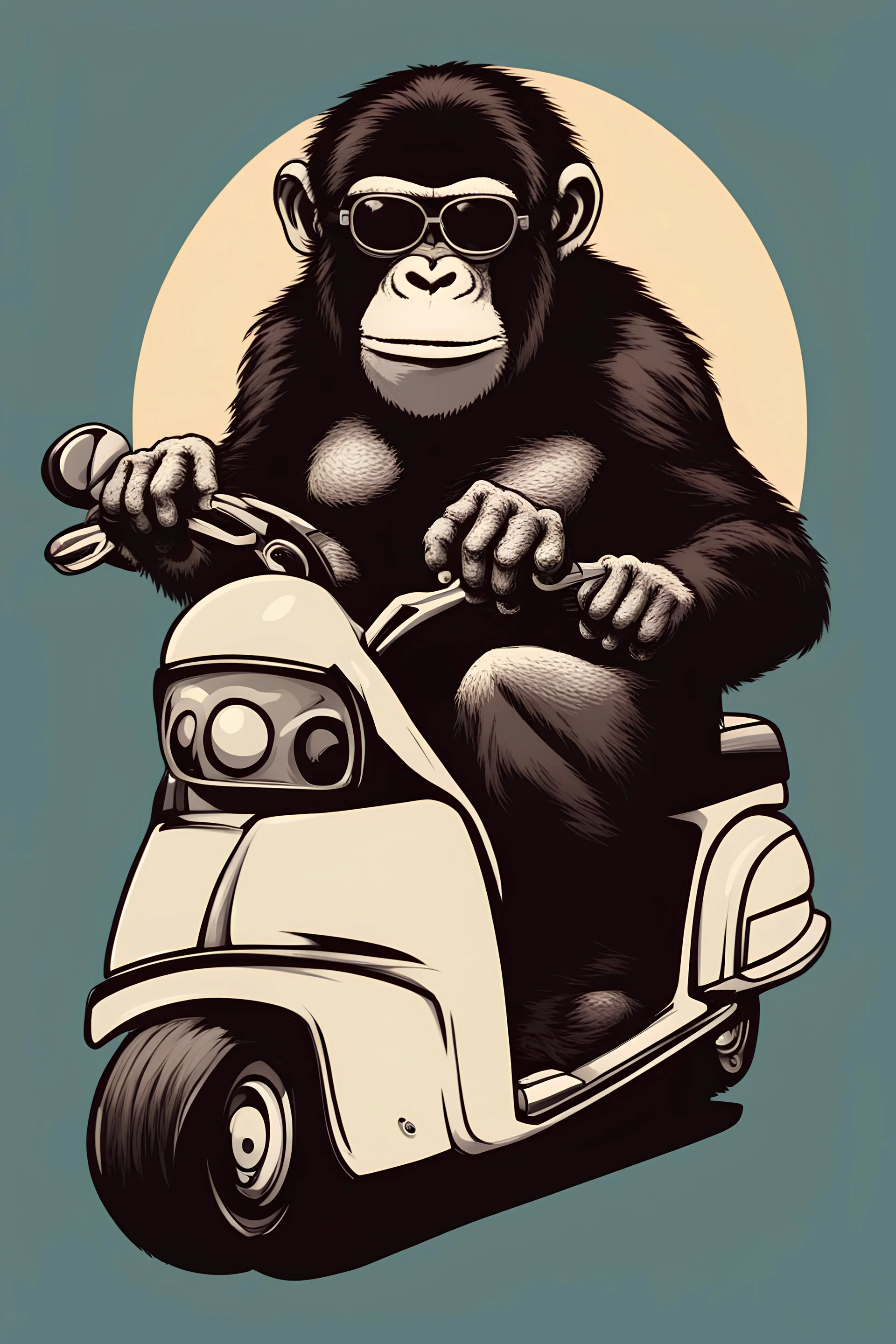 Ape on a scooter wearing sunglasses, cartoonize