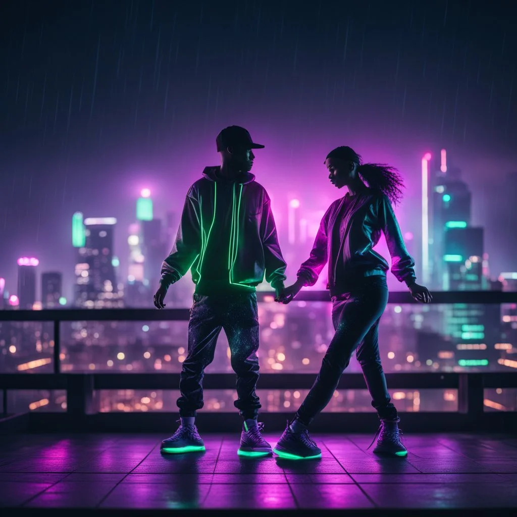 Silhouette Of A Hip Hop Couple Wearing Neon Futuristic Clothes Dancing In Hip Hop Style On A Rooftop With A Futuristic City At Dark Heavy Rainy Night And Futuristic Lights Showing Dramatic And Cinematic Ambiance.