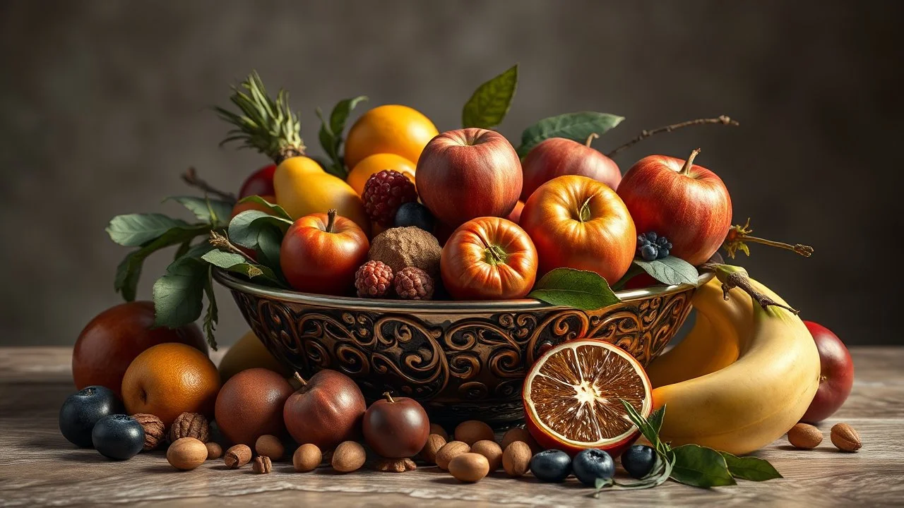 a collection of assorted fruits, nuts, and vegetables on a table, beautiful fruit-bowl, exquisite composition, beautiful detailed intricate insanely detailed octane render trending on artstation, 8k artistic photography, photorealistic concept art, soft natural volumetric cinematic perfect light, chiaroscuro, award-winning photograph, masterpiece, raphael, caravaggio, Alma Tadema, Bouguereau