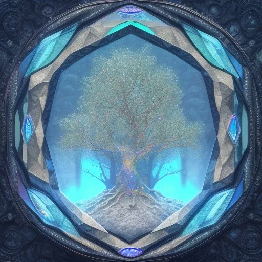 hedjuk,Tree of Life, crystal city crystalline in the sky, renderin, room, cosmic, opalescent, 100mm, opalescent, gemstones, crystals, object, other worldly,water, cristal rock ,bright, ice backg