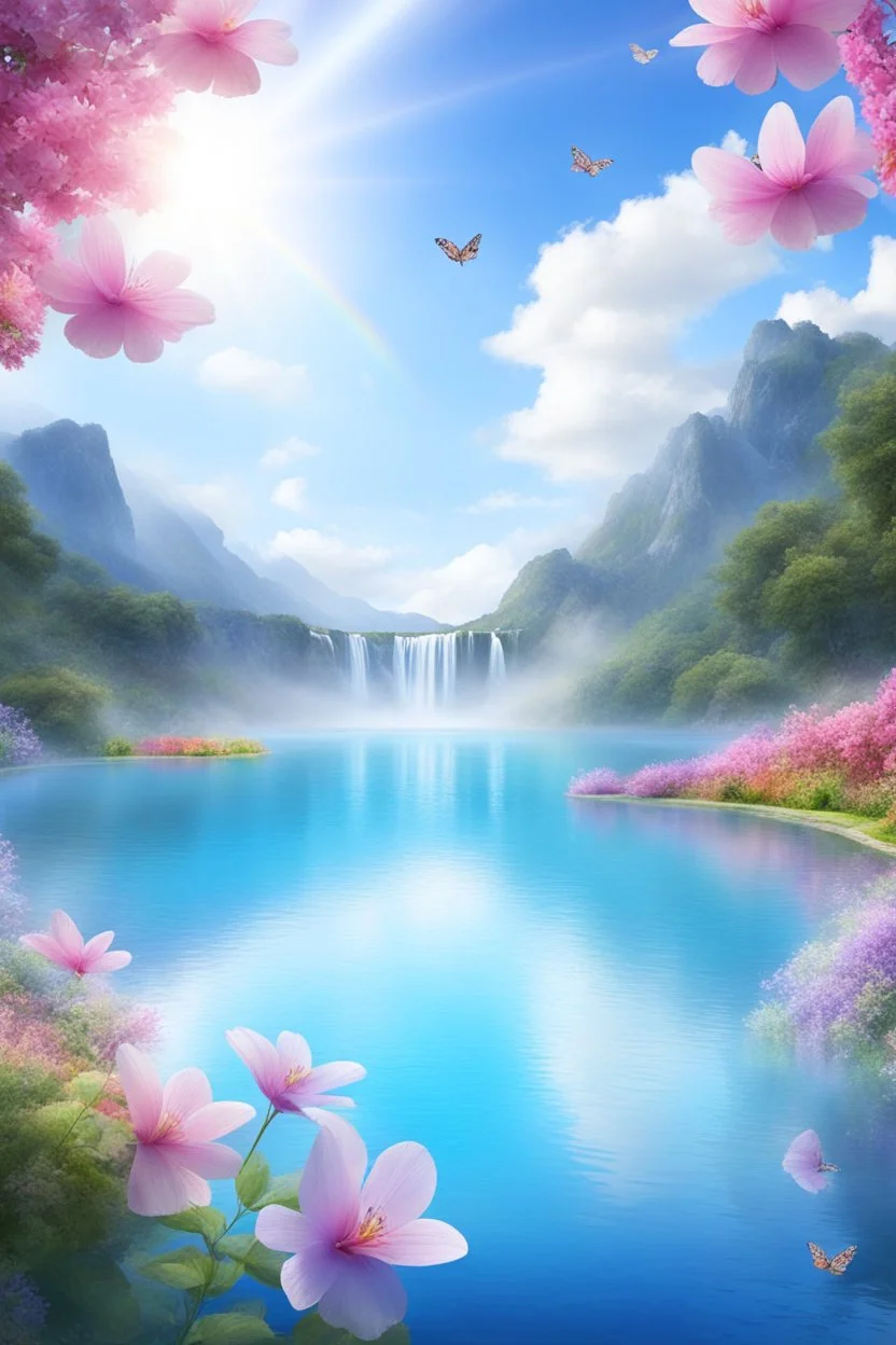 fantastic,Beautiful garden, flowers,rainbows, cascades arc en ciel, papillons colorés