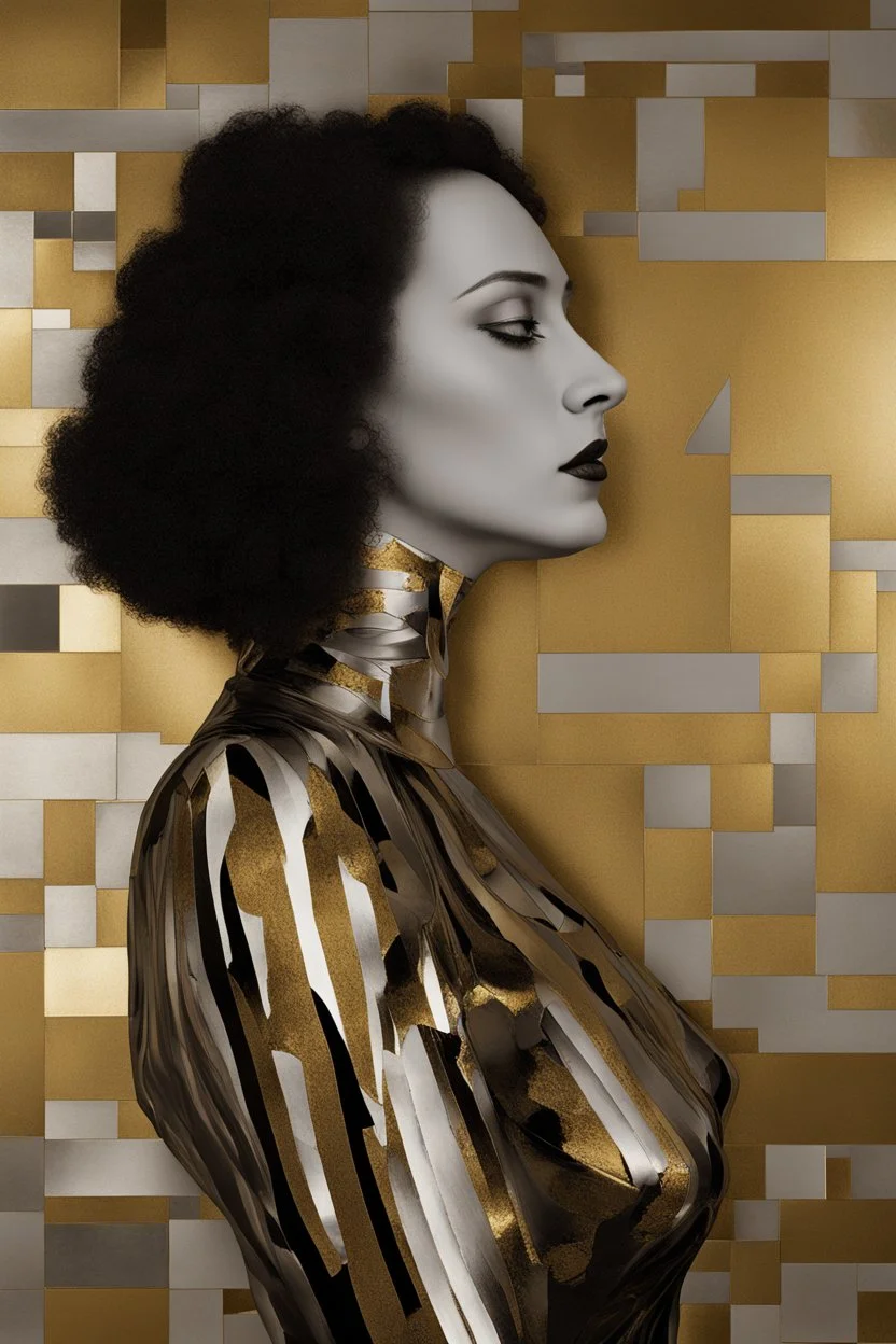 Create a conceptual photograph of a female figure, SALVADOR DALI STYLE MIXED WITH GUSTAV KLIMT STYLE AND TAMARA DE LEMPICKA STYLE, 3/4 SIDE VIEW, SILVER, GOLD, BLACK COLORS in a contemporary setting, incorporating provocative, thought-provoking elements. The image should demonstrate the confidence, strength and vulnerability of the subject. Consider using symbolic objects, abstract shapes, or artistic expressions that convey a strong message. The style and lighting should be modern, avant-garde