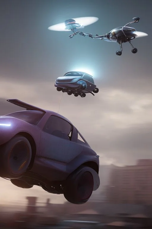 A flying car being drived by a robot in future city.