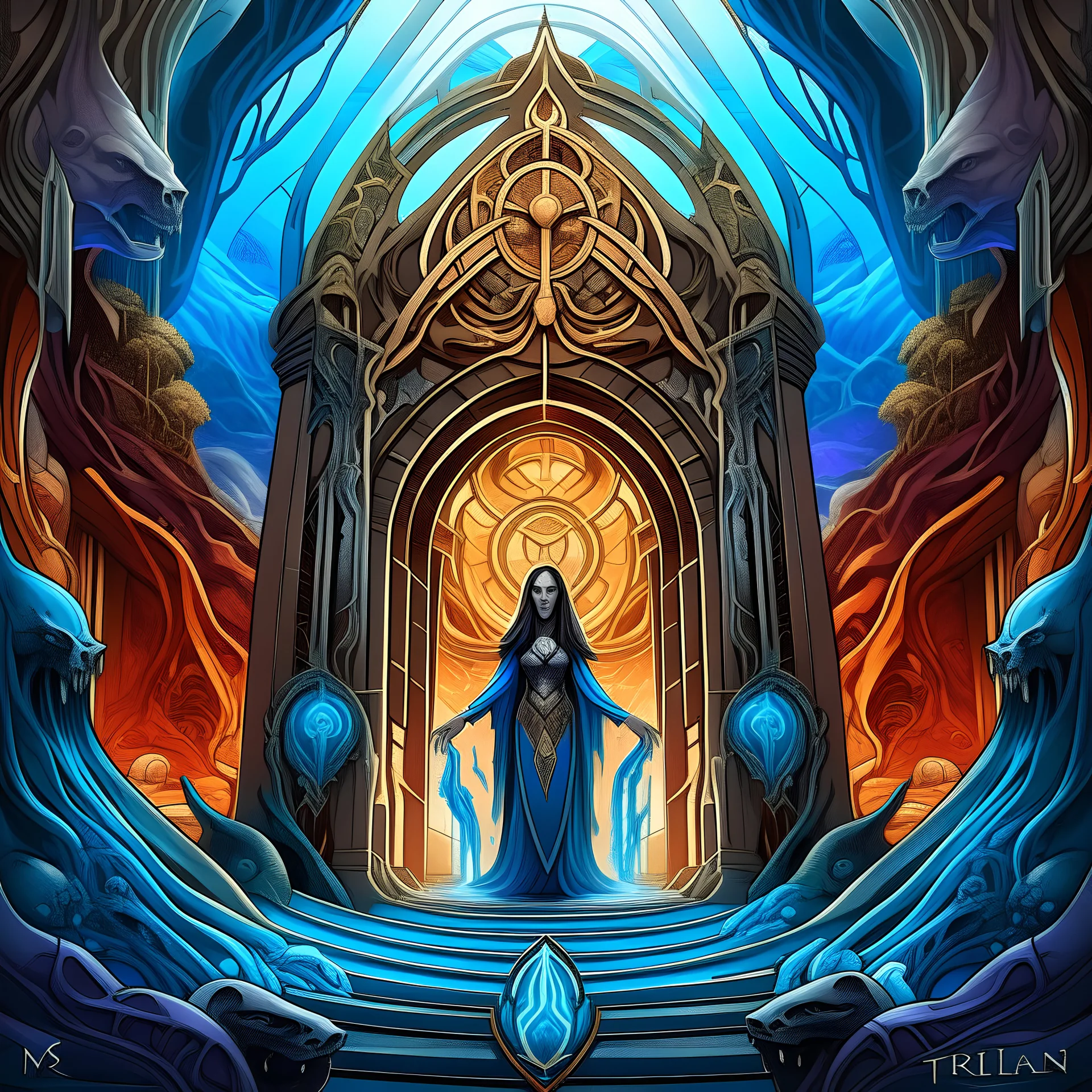 A psychedelic digital painting depicting occult high priestess before swirling dimensional gateway revealing sunken Atlantis, with band logo The Fold Path present. Titled "Realms Revealed" representing the concept album's themes of discovering forgotten mystical worlds.