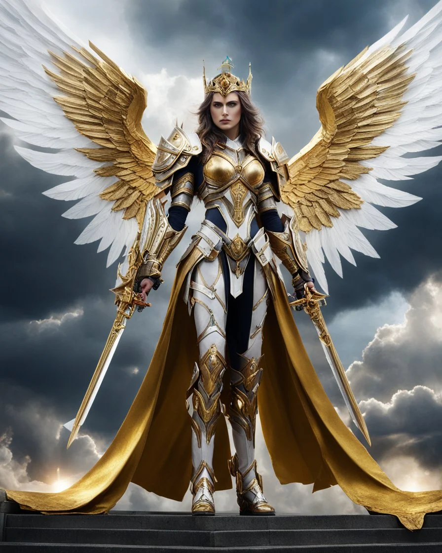 Length image An photography epic and realistic photography full body image of, a beautiful queen,cyborg a film character with large white wings, holding a shining golden sword, wearing colors mechanical Warcraft armor with gold details,luxury booth shoes, against a background of a cloudy sky with sunlight breaking through the darkness clouds,thunderstorm, in a stand dramatic pose, looking like a hero ready for an epic adventure.