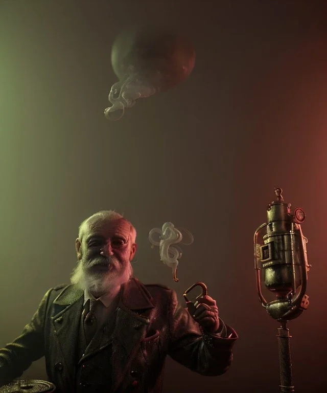 Surreal, steampunk, cabaret scene. Russian old man. Sweat, rain, smoking, happy, hot, color fog, people background, highly detailed, concept art, unreal engine 5, god rays, ray tracing, RTX, lumen lighting, ultra detail, volumetric lighting, 3d, finely drawn, high definition, high resolution.