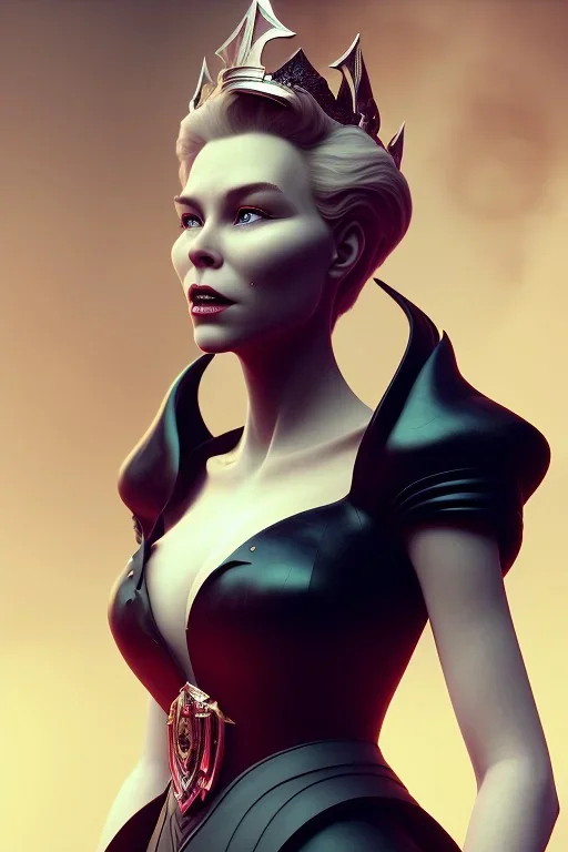 Hannah Waddingham as evil queen in black leather gown standing next to a tiny man, busty, cleavage, voluptous, rebecca Welton, angry, stern look. character design by cory loftis, fenghua zhong, ryohei hase, ismail inceoglu and ruan jia. unreal engine 5, artistic lighting, highly detailed, photorealistic, fantasy