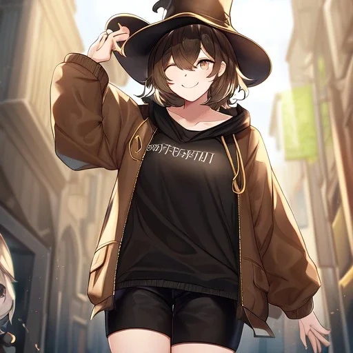 Clear focus, High resolution, short brown spiky hair, hair between eyes, eyes closed, wearing a brown detective hat, wearing a brown jacket and a black shirt, wearing black shorts, 1girl, pulling hat down, smiling, wearing a oversized hoodie