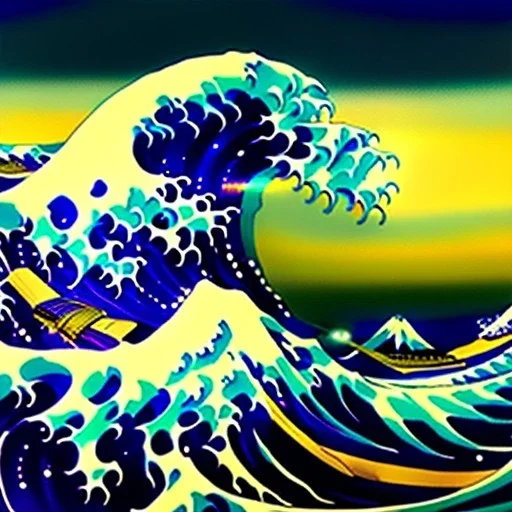 The great wave of kanagawa painted with clouds of colours,ystical colors ,perfectly centered image, perfect composition, rim light, beautiful lighting,masterpiece ,8k, stunning scene, raytracing, anatomically correct, in the style of Simon Bisley and Ohrai Noriyoshi and robert e howard and Steve Jung and Wizyakuza and uncannyknack