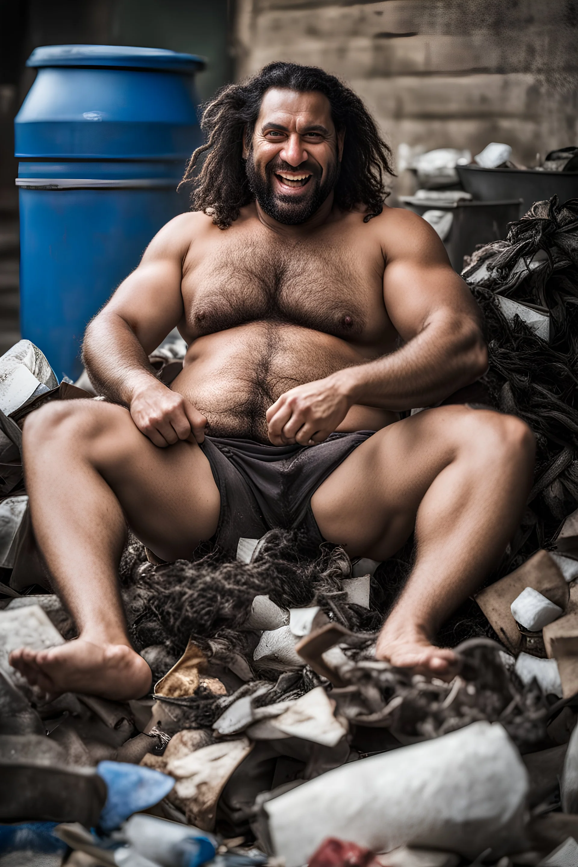 full figure shot photography of an angry dirty wet sweat strong hairy big short beefy burly ,39 years old ugly smiling arab , big nose, bull neck, short beard, dreadlocks, shirtless, manly chest, big belly, bulging shorts, emotive eyes , sitted on a chair relaxed ,belly up ,open legs, on a pile of garbage, angry eyes, big shoulders, side light, top view, aerial view