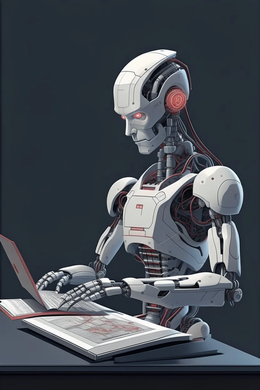 generate a front cover simplistic illustration representation of Ai realistic humanoid bot editing a book