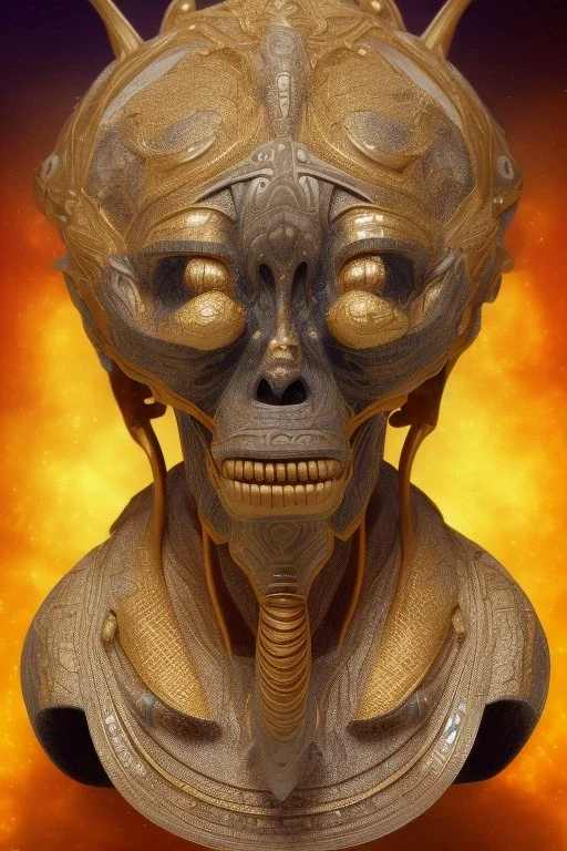 Anunnaki black male African Egyptian alien, cracks in the voodoo head, wicked, eyes, crown, Elephant, 8k, finely detailed, photo realistic, tiger turquoise skull head gold dragon space alien snow skeleton gold olmec silver crown silver eyes