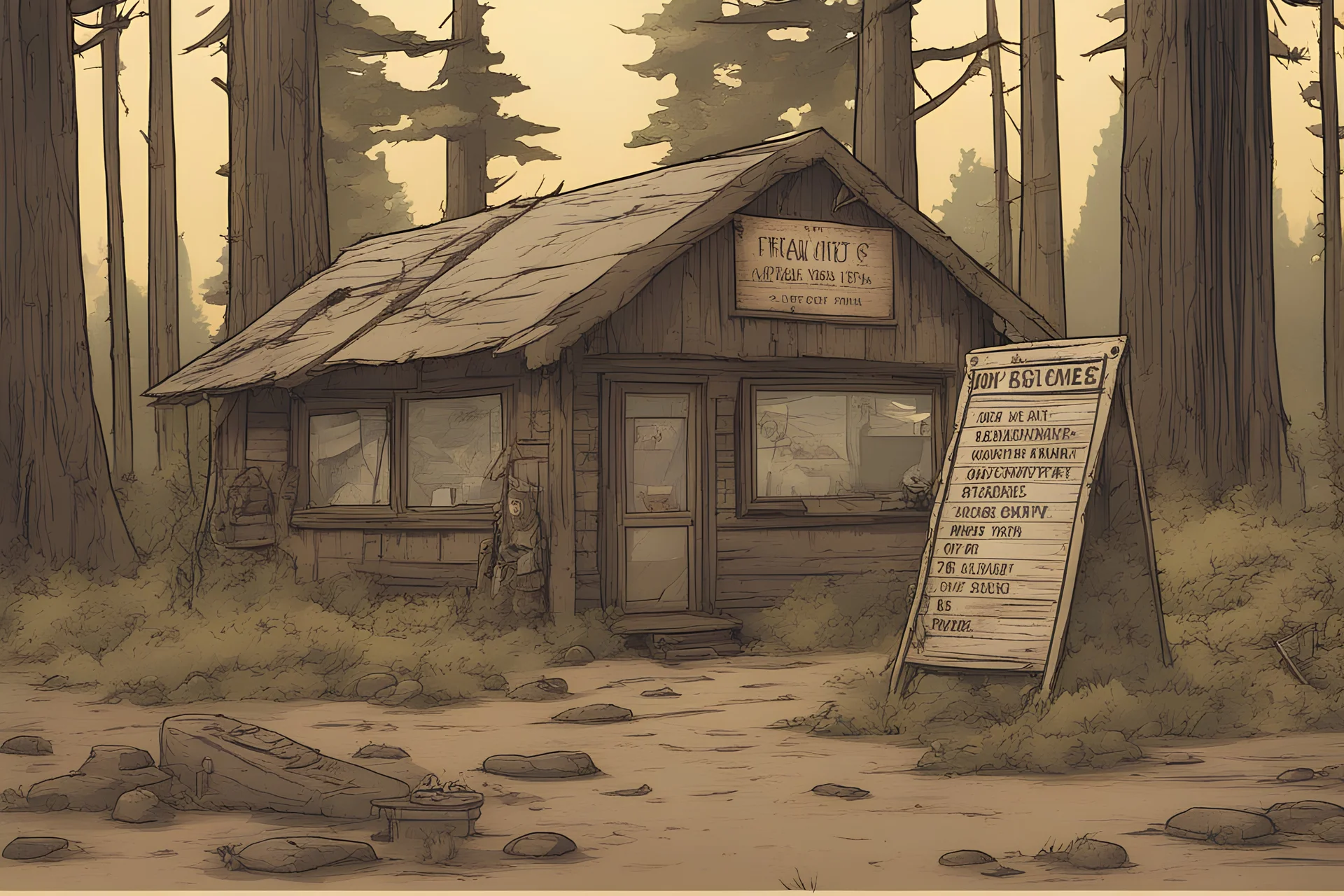 Lodge, administrative, overgrown, post-apocalyptic, comic book, camp site signs
