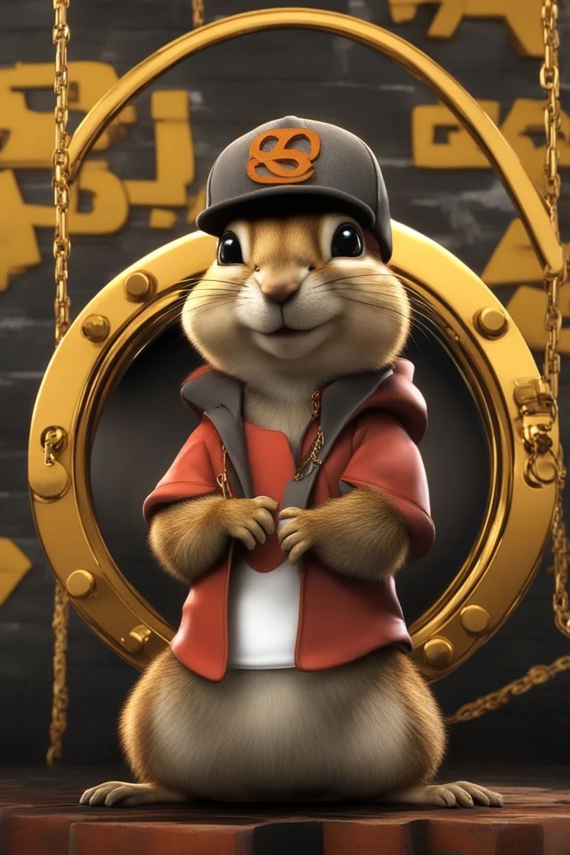 3d animated hip-hop chipmunk with hat, thick gold chains, graffiti background, earring