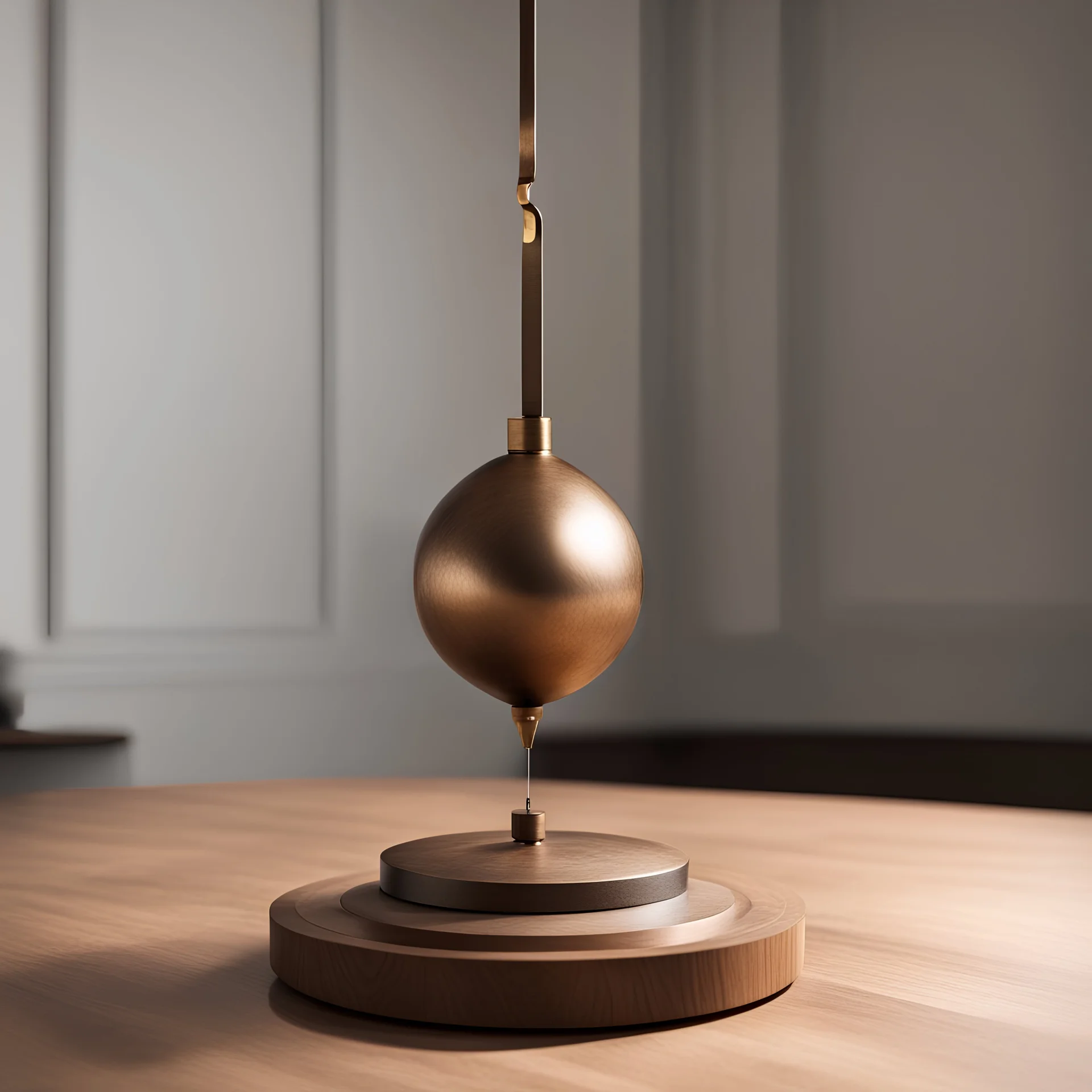 péndulo de bronce moviéndose sobre una mesa de madera. Fondo de humo ondulante de sahumerio