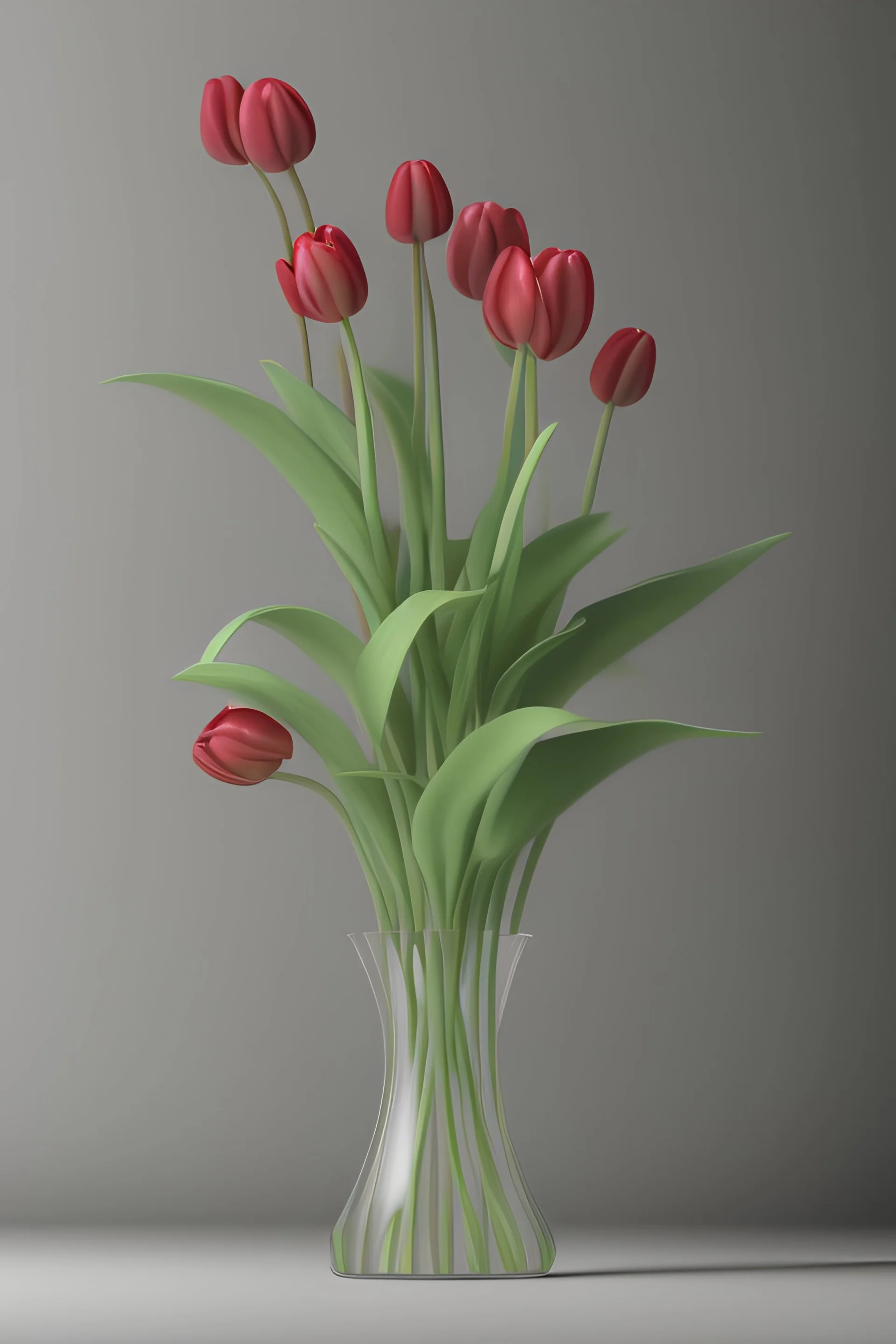 Sprouts of young tulips in a clear vase with water on gray background