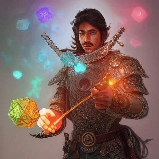 Insanely detailed photograph of a d&D warrior “male mariachi holding glowing D20” with intricate detailed Sombrero, intricate charo, hyperdetailed painting by Ismail Inceoglu Huang Guangjian and Dan Witz CGSociety ZBrush Central fantasy art album cover art,8K, hdr, mysterious, flickeringlights ,Stoic