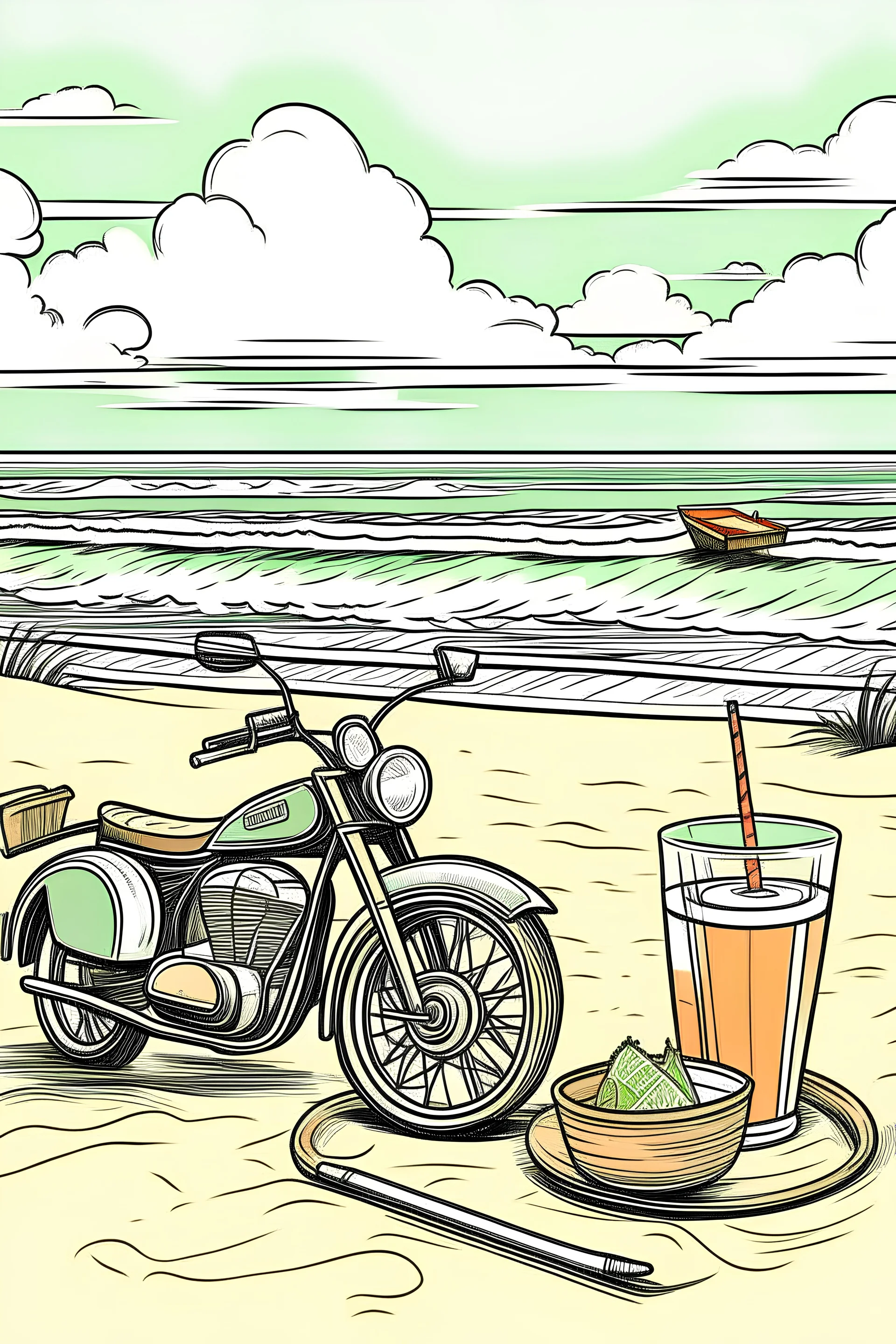 Dessin de plage et cocktail avec paille avec une moto