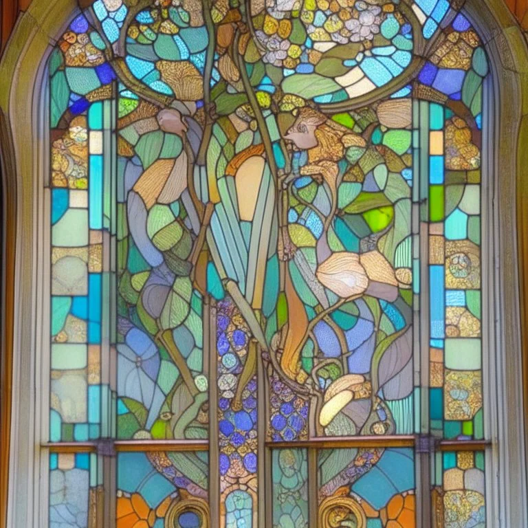 A big Art Nouveau stained-glass window in an Art Nouveau villa by artist "Alphonse Mucha"