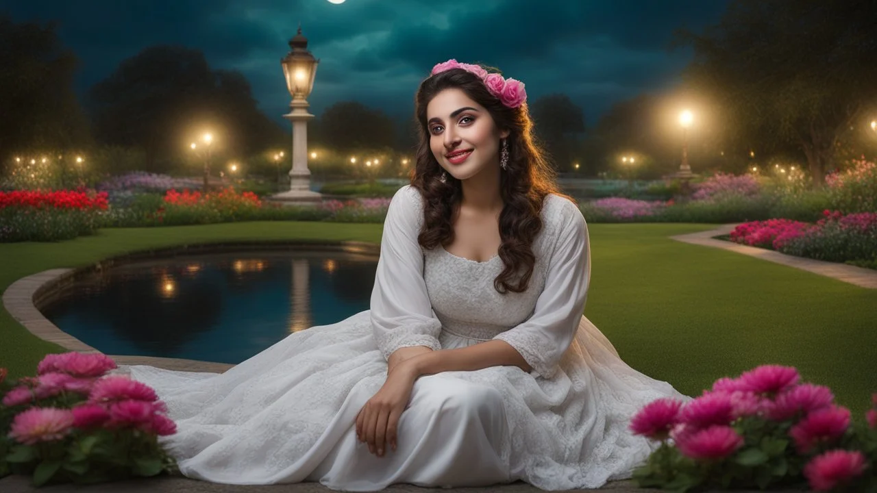 Hyper Realistic Photographic Close View Of Pakistani Pashto Young Woman [Age 24] Happily Sitting On A Beautiful Green Grass Wearing A Beautiful White Dress Inside A Colorful Flower Garden Near A Water Pond With Water Fountain Between The Pond With Artist Street Lamps Surrounding The Pond At Dark Cloudy Full Moon Night Showing Dramatic And Cinematic Ambiance.