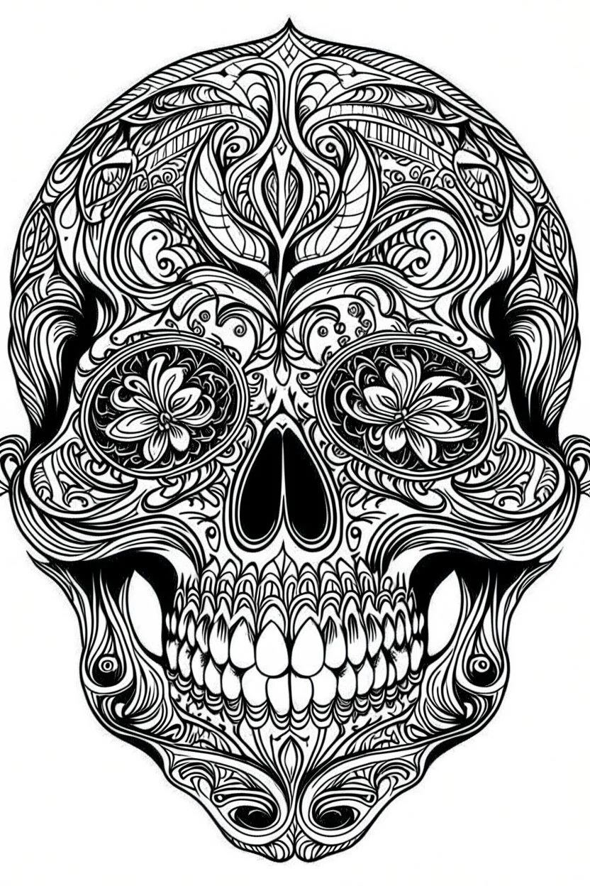 outline art for horror coloring pages for adults with skull, white background, Sketch styl, only use outline. Mandala style, clean line art, no shadows and clear and well outlined