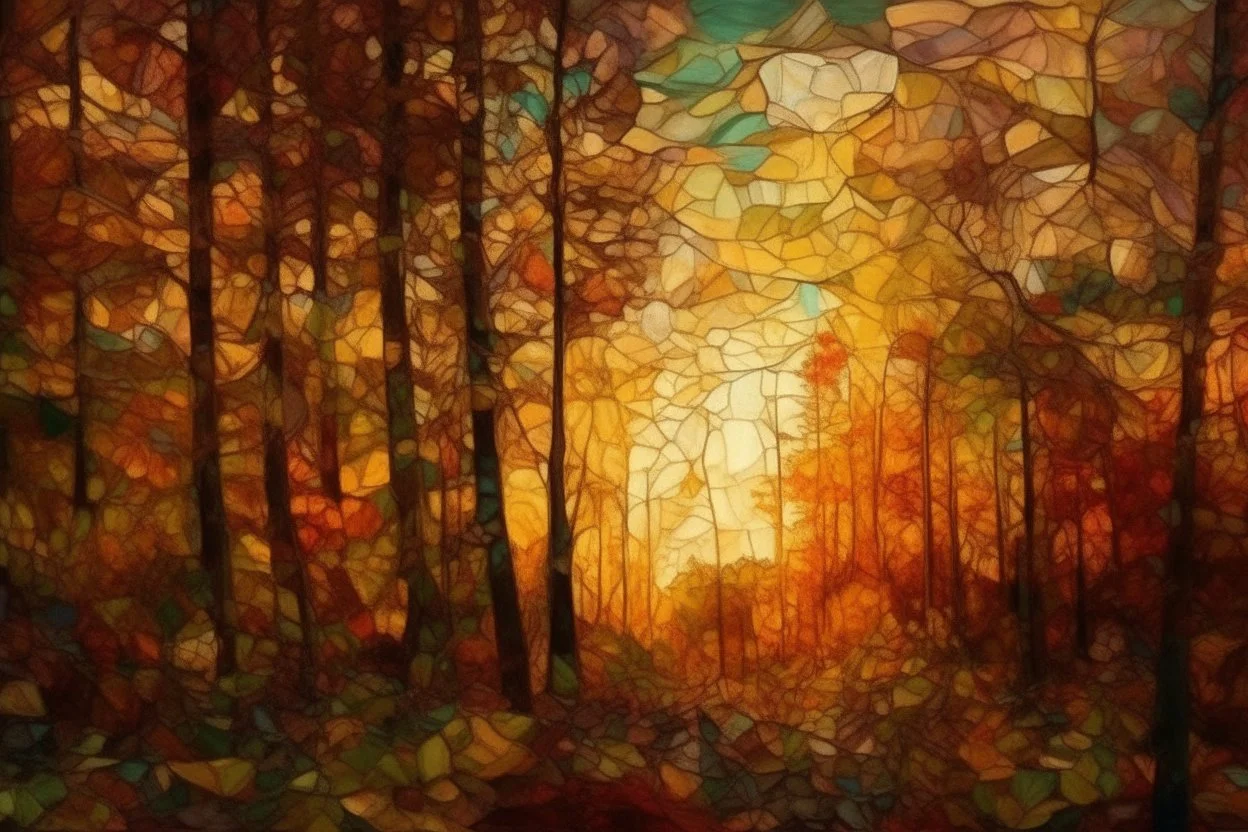 baroque style sunset in the forest, painting with kaleidoscopic touches, in the style of Claude Monet