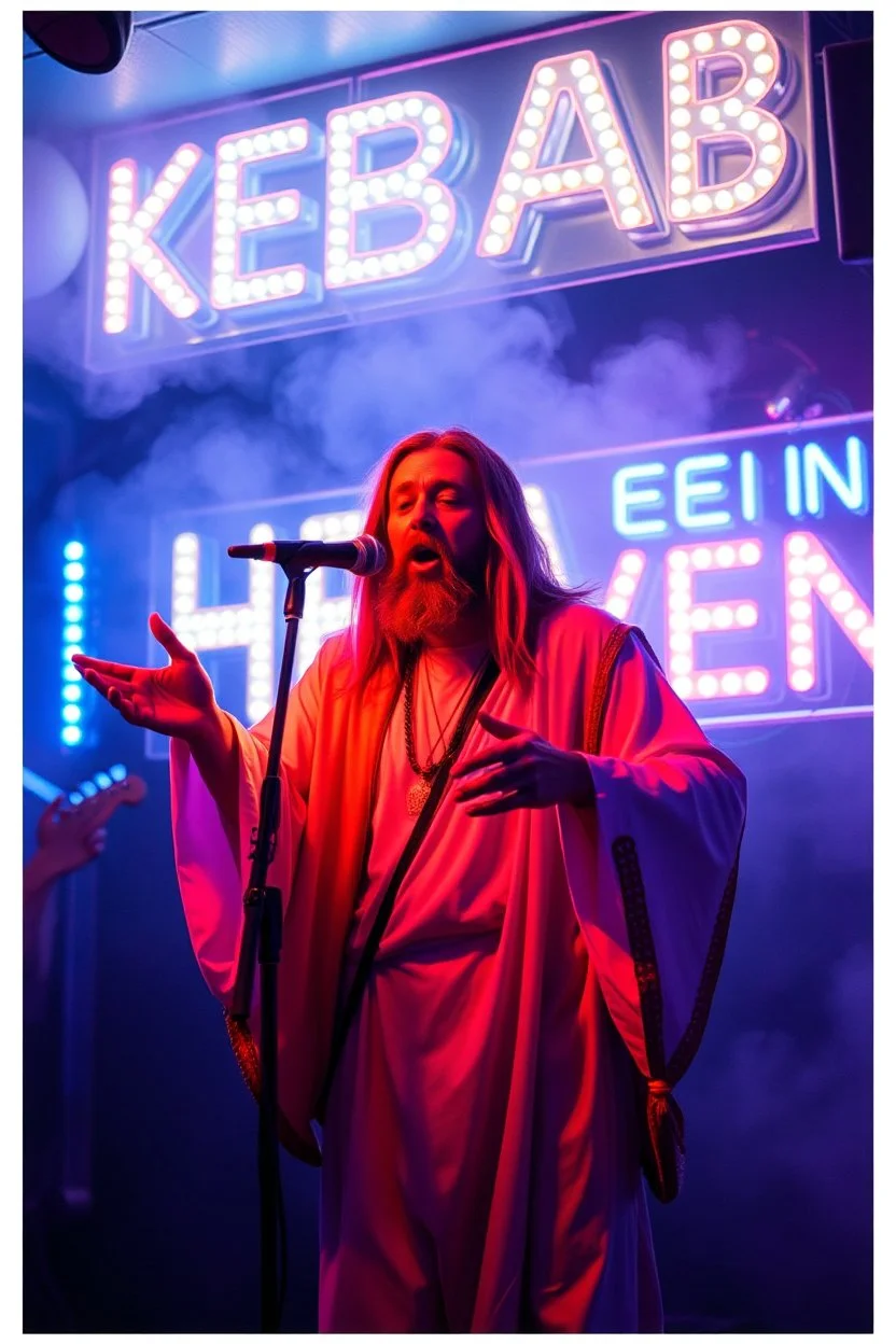 An "Kebab man" performing at dance club, his name is "Kebab man" and looks crazy, Jesus on stage, White and light blueNeon lights and smog, "KEBAB IN HEAVEN" SIGN ON WALL
