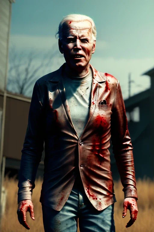 Ultra realistic image, joe biden zombie, zombie performance, blood, torn arm, night, walking twisted, waist up view, walking dead style, dark ambient, highly detailed, sky background, concept art, unreal engine 5, god rays, ray tracing, RTX, lumen lighting, ultra detail, volumetric lighting, 3d, finely drawn, high definition, high resolution.