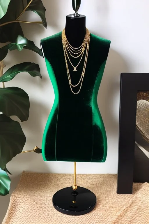 dark green velvet Necklace Mannequin Stand on a luxury table