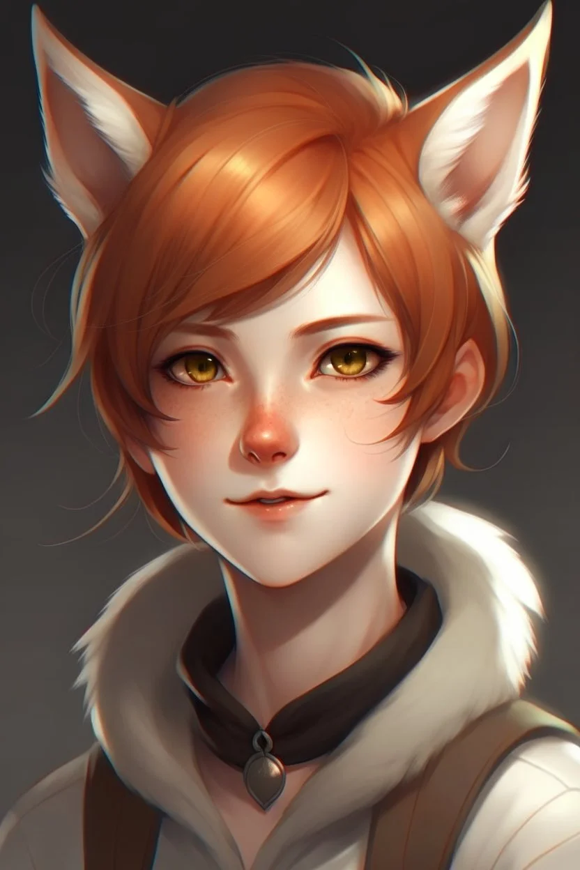 A young female with short red hair, gold eyes, large fox ears, slight smile, pale skin