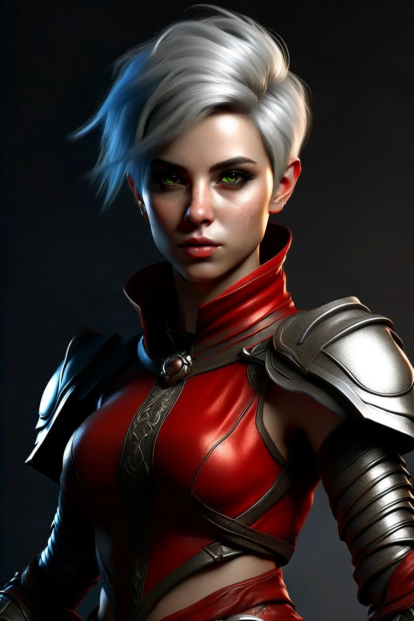 create an adult female air genasi from dungeons and dragons, dark gray short hair, light blue eyes, wind like hair, wearing red leather clothing, realistic, from waist up, digital art, high resolution, strong lighting