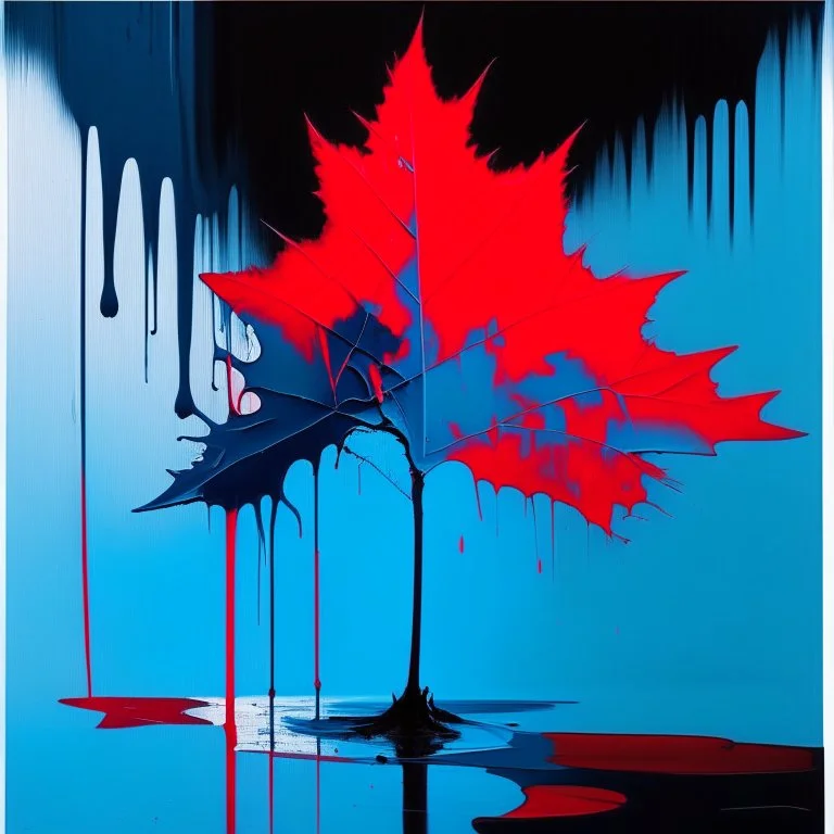 Minimal abstract flat oil painting of a neon large red leaf in landscape. With triadic blue colours. Dripping paint. In the style of Justin Mortimer and Phil Hale, Ashley Wood