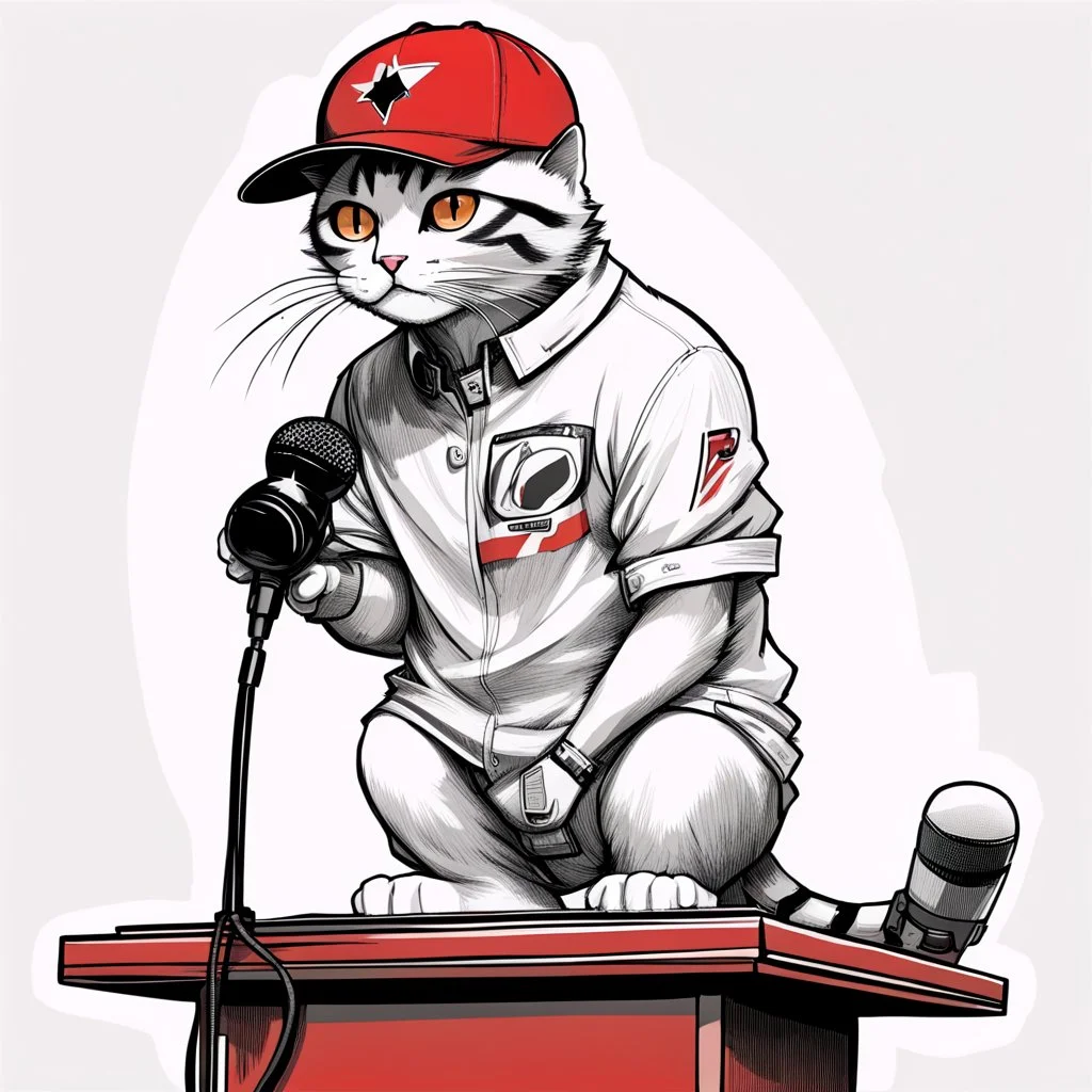 a drawing of a manga cat man with a sports cap and shirt, speaking at a (((lectern))) with a microphone, red, white and black colors, cat white and black colors