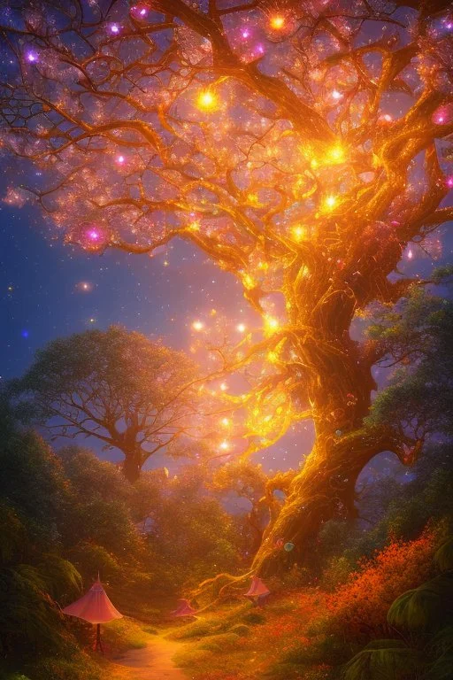 scenic photo of a vibrant Big tree, stretching high above the clouds, its branches adorned with radiant colourful lanterns that lead the way to a hidden realm of celestial vivid spirits. sunset setting, birds and fireflies flying