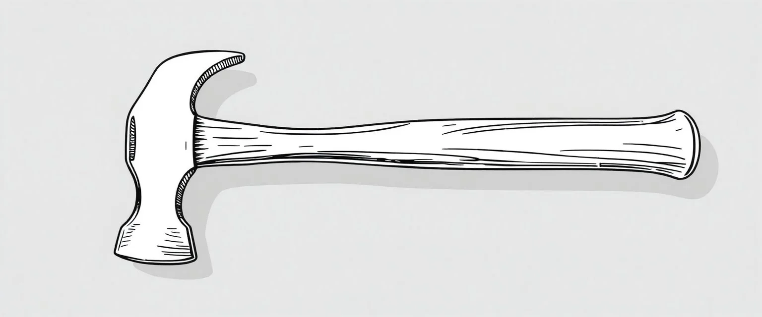 horizontal image of a framing hammer, detailed line drawing, vector