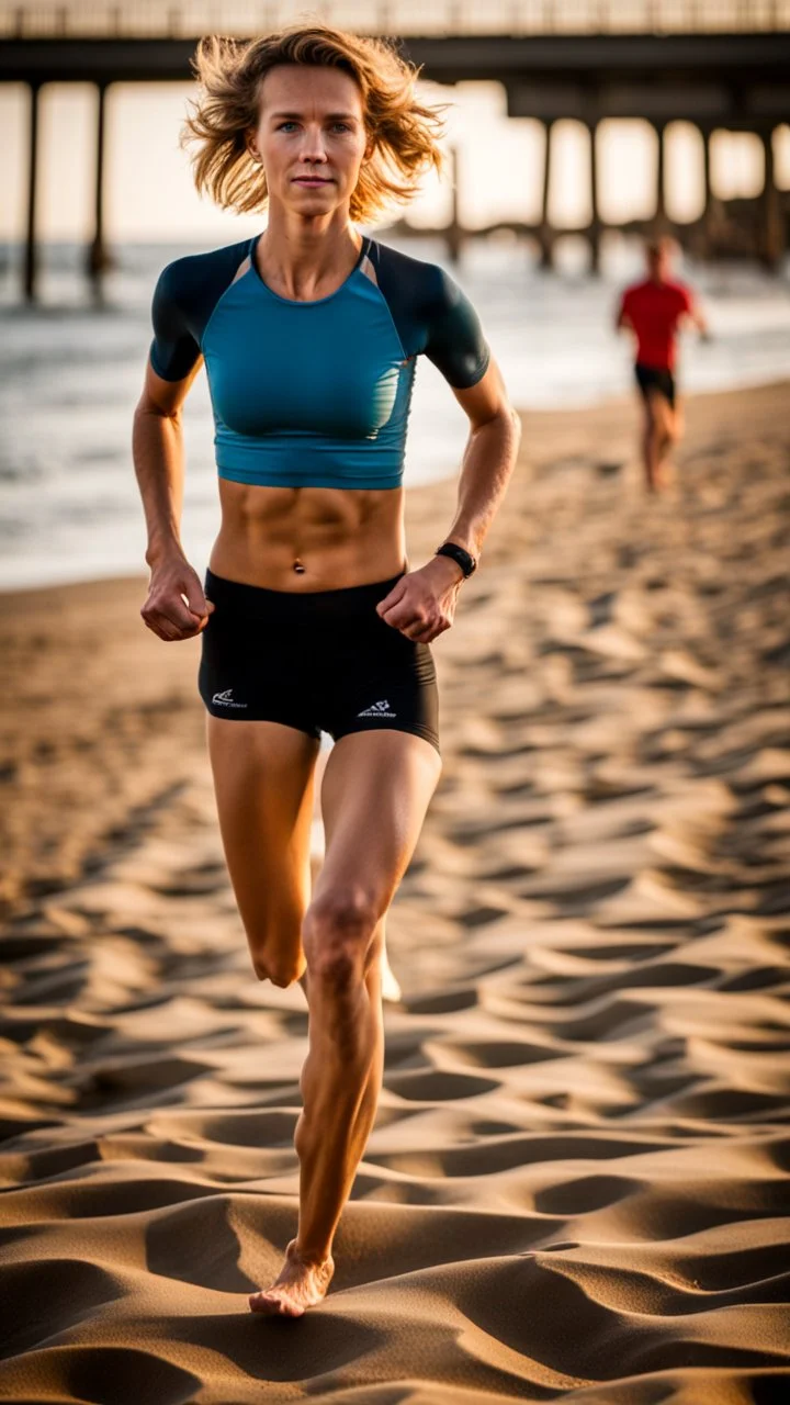 anorexic beautiful 19 year old woman, total shot, grey capri leggins, triathlon top, short blonde wavy bob hair, blurred beach background