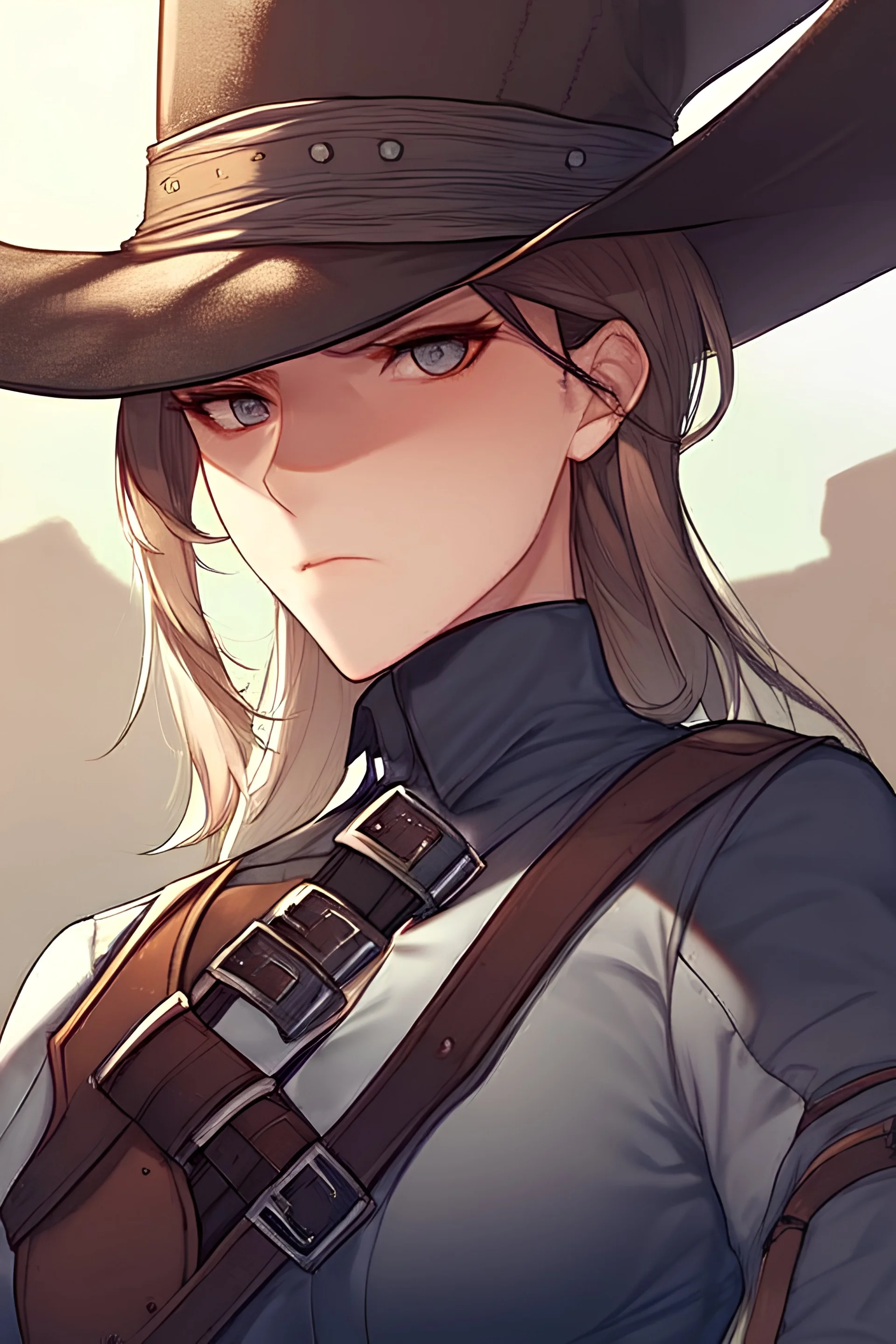 Clear focus, High resolution, female Gunslinger, close up, Gunslinger, Cowboy, cowboy hat, serious face,