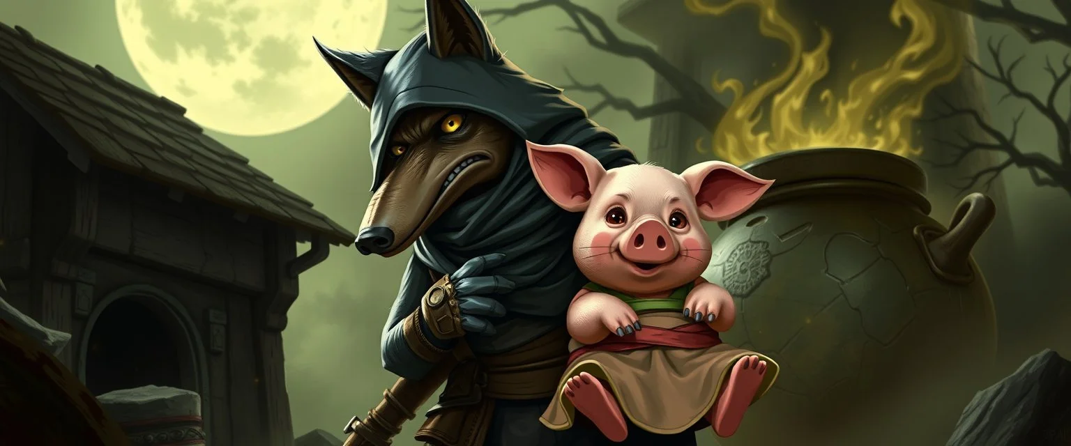 bad ninja wolf carrying a lovely scared wtf are you up to, pig girl with dress under his arms, big cauldron in the background in the style of escher and fallout 4