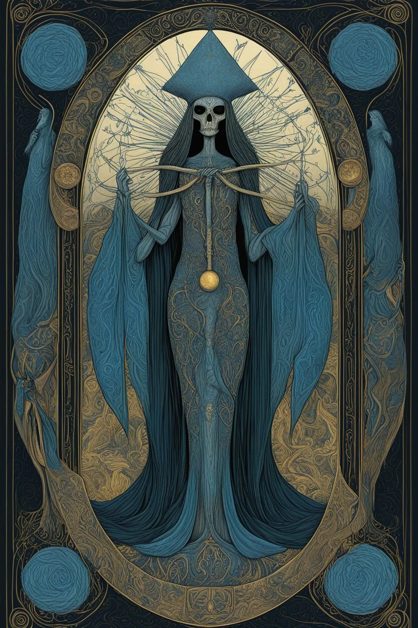 tarot card, tarot card Queen of Cups Thoth, tarot card borders and artistic border flourishes, styled Zdzislaw Beksinski and Aubrey Beardsley, and Paul Klee, hyperdetailed, black background, eerie, magical effects, projected surreal image of Death reaper, hard card edges, smooth, crimson and midnight_blue, trending on Artstation, 8k, wonderfully morbid, by Frieda Harris