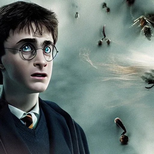 harry potter and the chamber of secret scene with big spider, realistic scene with extreme clarity, photorealism