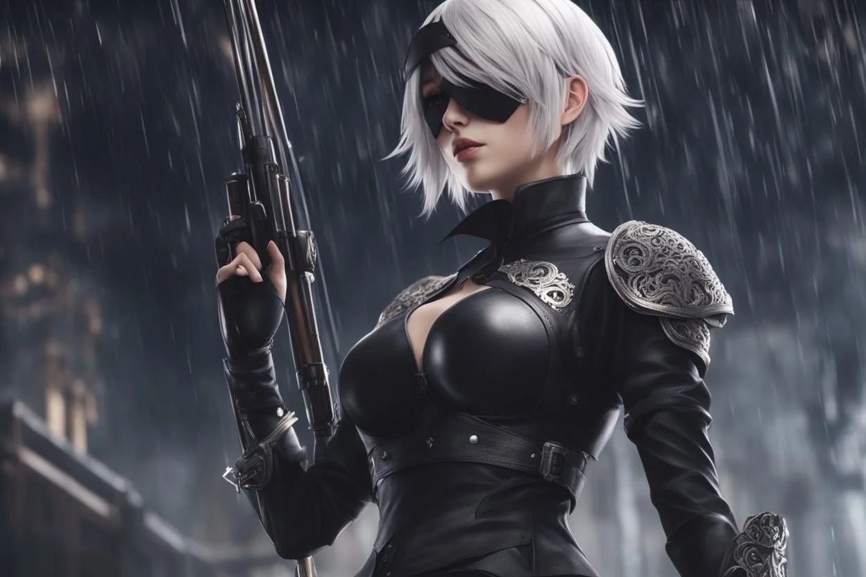 Hot 2B with blindfold in 8k nier automata artstyle, 2B them, 2B Custom, blindfold, close picture, rain, fantasy world, intricate details, highly detailed, high details, detailed portrait, masterpiece,ultra detailed, ultra quality